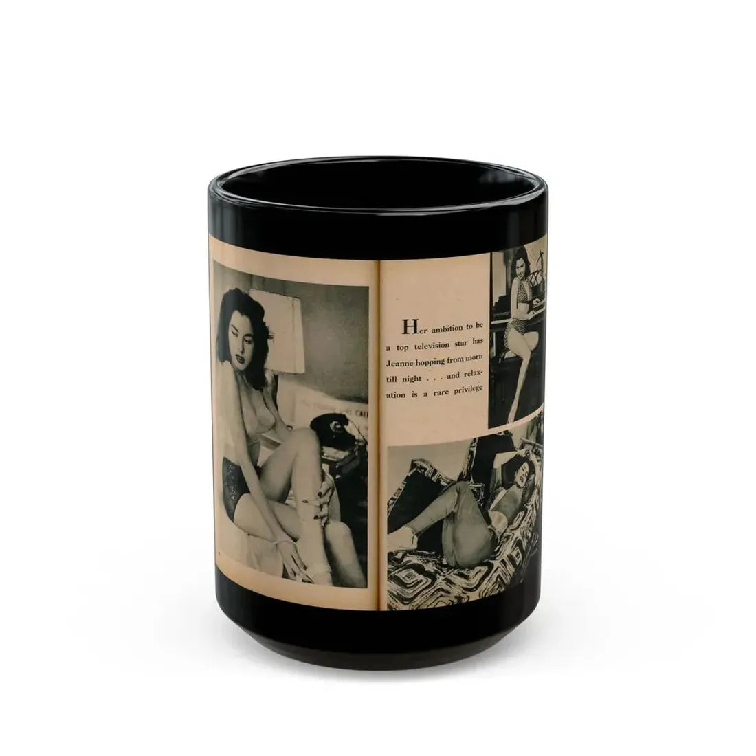 Jeanne Carmen #194 - Pages 80 & 81 Pages 1 & 2 of 4+3 B&W Photos & Caption from EYE Digest Mag. July '54 (Vintage Female Icon) Black Coffee Mug 15oz - Go Mug Yourself