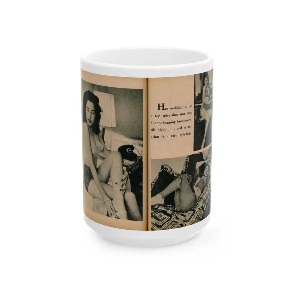Jeanne Carmen #194 - Pages 80 & 81 Pages 1 & 2 of 4+3 B&W Photos & Caption from EYE Digest Mag. July '54 (Vintage Female Icon) White Coffee Mug 15oz - Go Mug Yourself