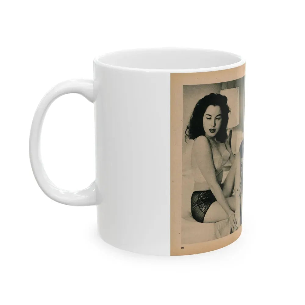 Jeanne Carmen #194 - Pages 80 & 81 Pages 1 & 2 of 4+3 B&W Photos & Caption from EYE Digest Mag. July '54 (Vintage Female Icon) White Coffee Mug - Go Mug Yourself