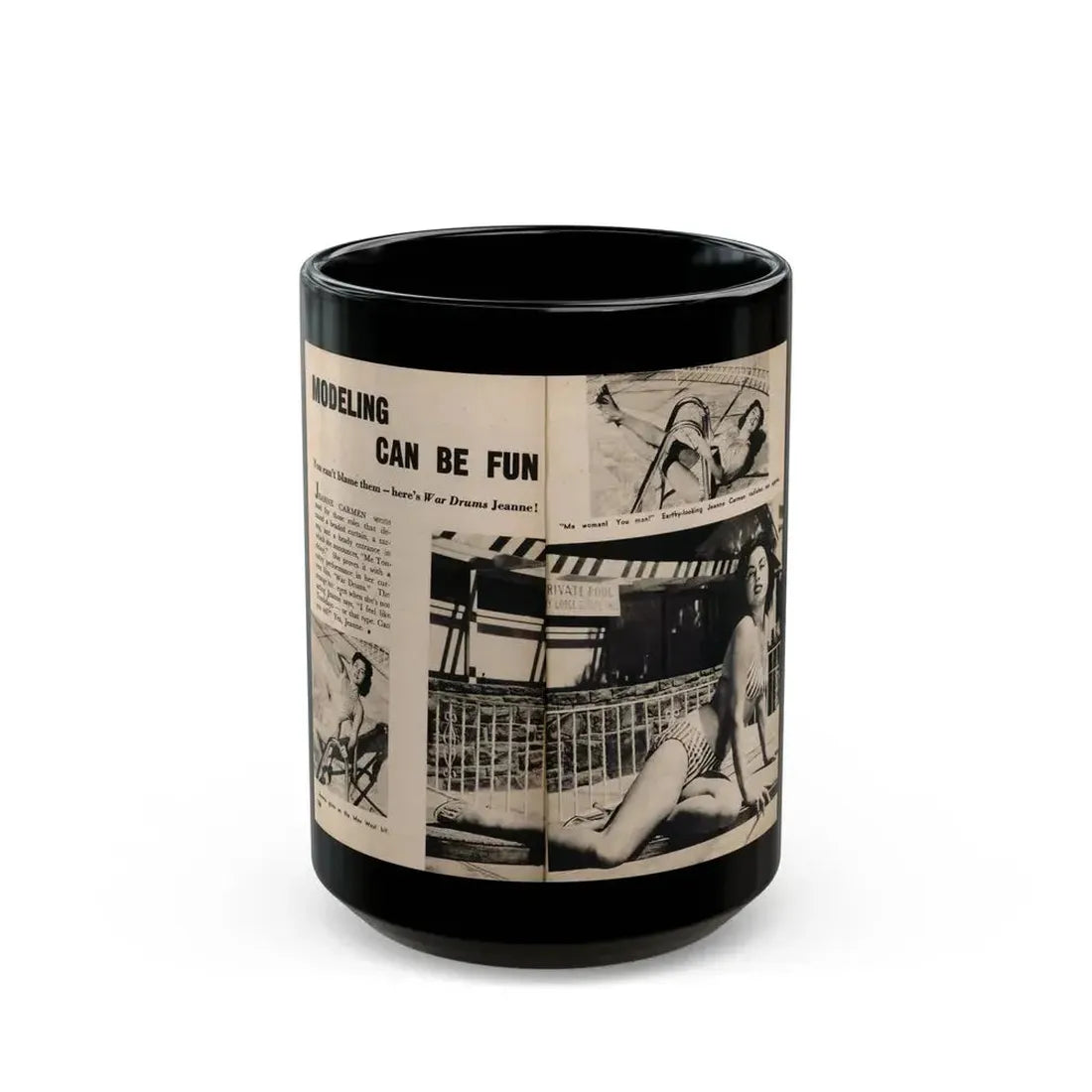 Jeanne Carmen #196 - Pages 84 & 85 Pages 1 & 2 of 2+3 B&W Photos, Caption & Article from Photo-rama Digest July '58 (Vintage Female Icon) Black Coffee Mug 15oz - Go Mug Yourself
