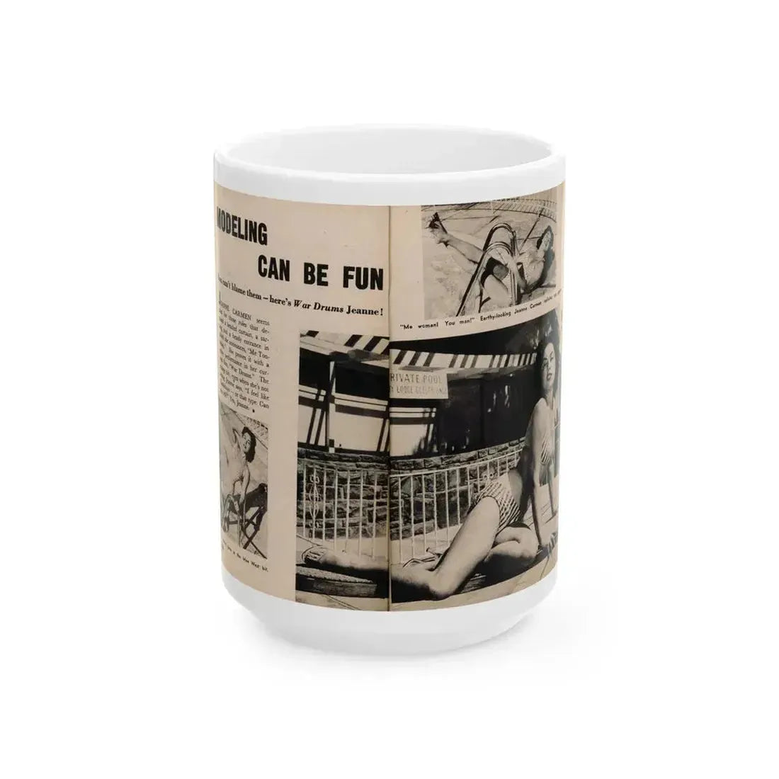 Jeanne Carmen #196 - Pages 84 & 85 Pages 1 & 2 of 2+3 B&W Photos, Caption & Article from Photo-rama Digest July '58 (Vintage Female Icon) White Coffee Mug 15oz - Go Mug Yourself