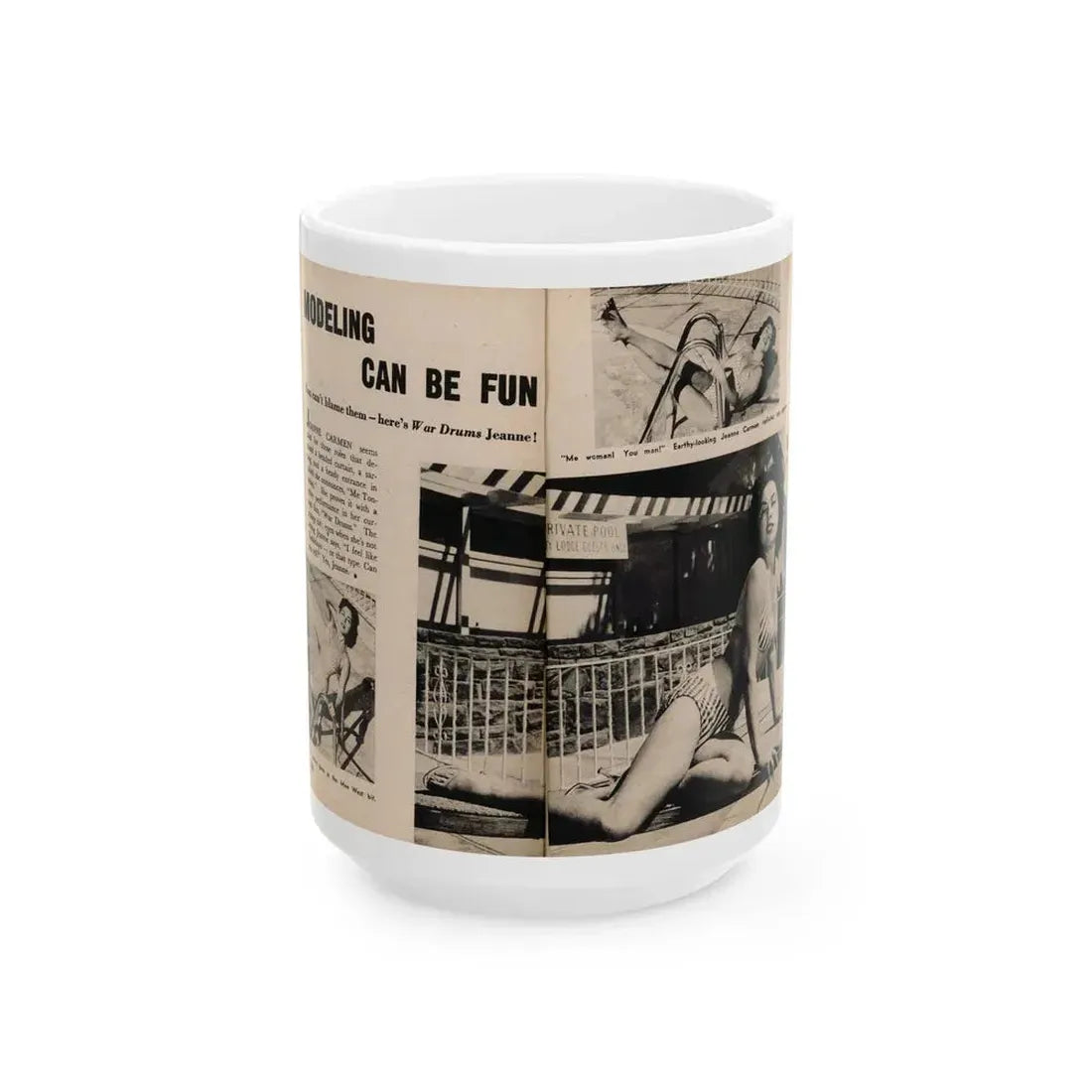 Jeanne Carmen #196 - Pages 84 & 85 Pages 1 & 2 of 2+3 B&W Photos, Caption & Article from Photo-rama Digest July '58 (Vintage Female Icon) White Coffee Mug 15oz - Go Mug Yourself