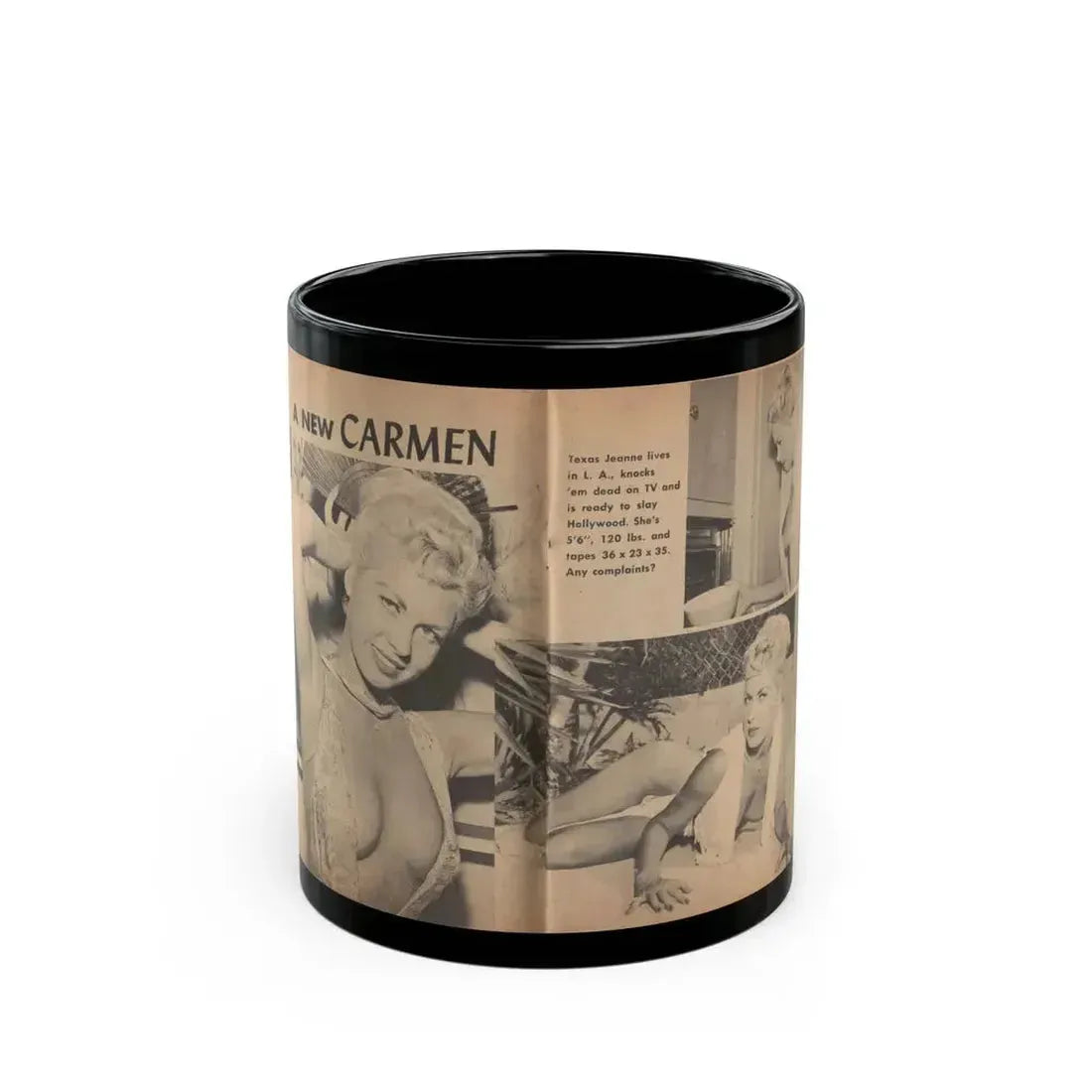 Jeanne Carmen #197 - Pages 1 & 2 of 4 with, 2 B&W Photos & Caption from Bold Pocket Mag. April '59 (Vintage Female Icon) Black Coffee Mug 11oz - Go Mug Yourself