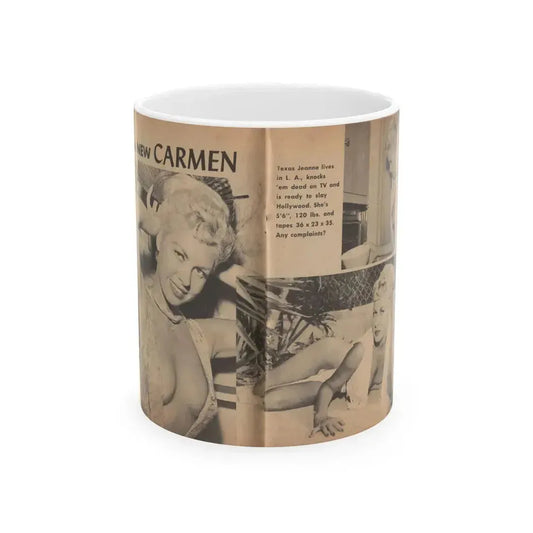 Jeanne Carmen #197 - Pages 1 & 2 of 4 with, 2 B&W Photos & Caption from Bold Pocket Mag. April '59 (Vintage Female Icon) White Coffee Mug 11oz - Go Mug Yourself