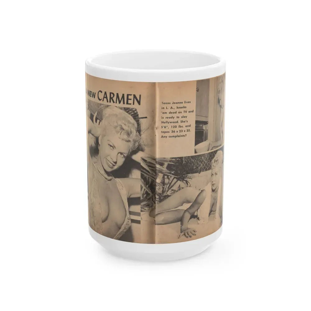 Jeanne Carmen #197 - Pages 1 & 2 of 4 with, 2 B&W Photos & Caption from Bold Pocket Mag. April '59 (Vintage Female Icon) White Coffee Mug 15oz - Go Mug Yourself