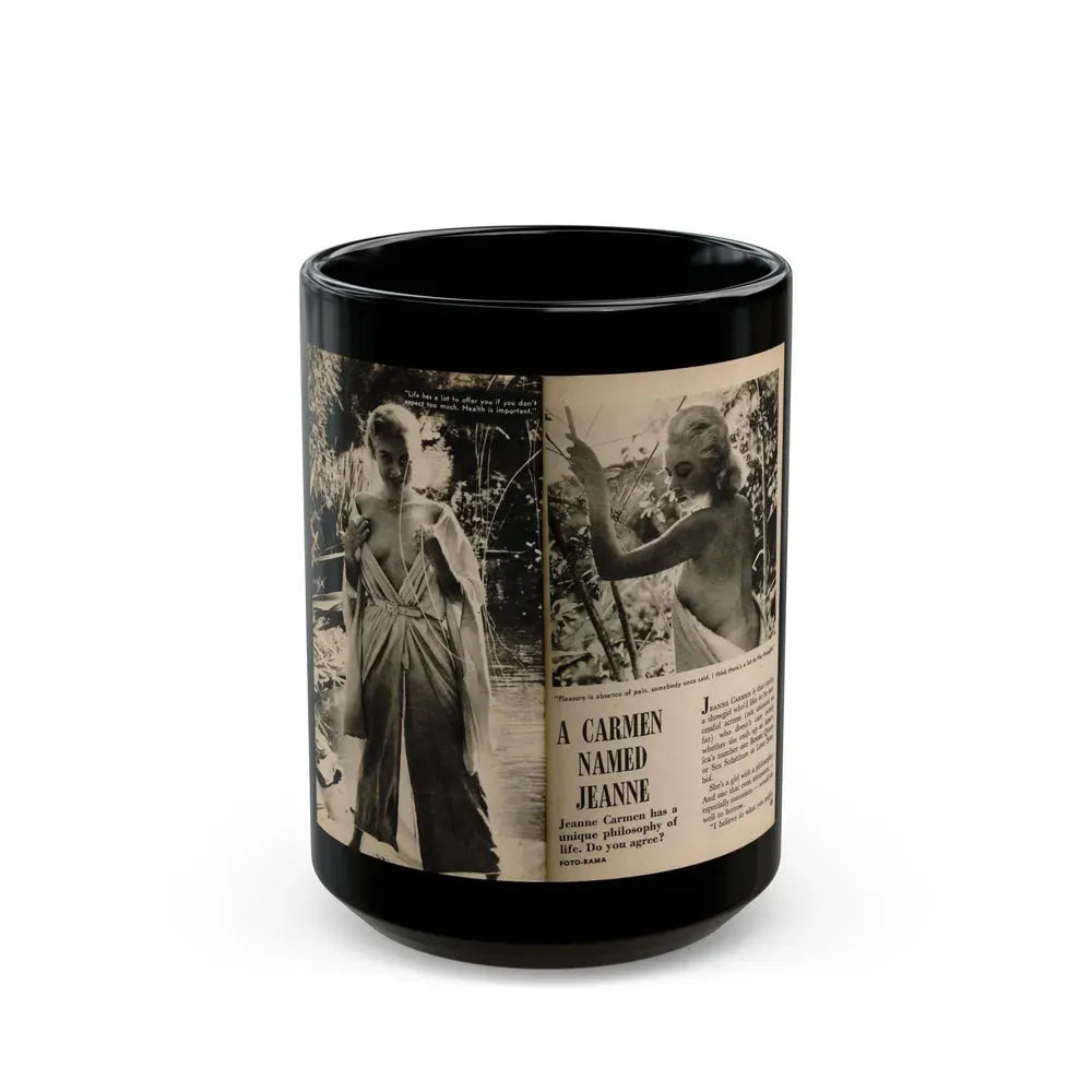 Jeanne Carmen #199 - Pages 22 & 23 Pages 1 & 2 of 8+2 B&W Photos, Captions & Short Article from Foto-rama Digest Mag. Sept. '58 (Vintage Female Icon) Black Coffee Mug 15oz - Go Mug Yourself