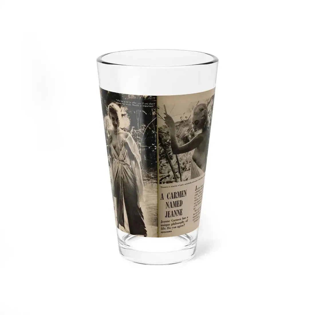 Jeanne Carmen #199 - Pages 22 & 23 Pages 1 & 2 of 8+2 B&W Photos, Captions & Short Article from Foto-rama Digest Mag. Sept. '58 (Vintage Female Icon) Pint Glass 16oz 16oz - Go Mug Yourself