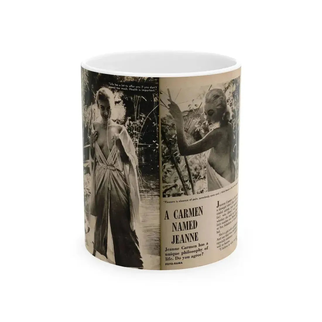 Jeanne Carmen #199 - Pages 22 & 23 Pages 1 & 2 of 8+2 B&W Photos, Captions & Short Article from Foto-rama Digest Mag. Sept. '58 (Vintage Female Icon) White Coffee Mug 11oz - Go Mug Yourself