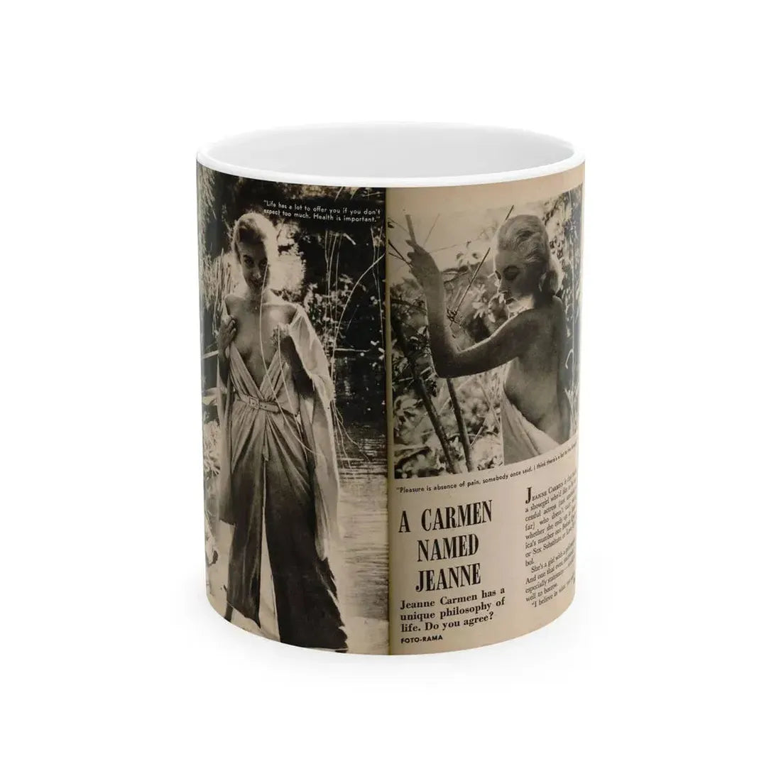 Jeanne Carmen #199 - Pages 22 & 23 Pages 1 & 2 of 8+2 B&W Photos, Captions & Short Article from Foto-rama Digest Mag. Sept. '58 (Vintage Female Icon) White Coffee Mug 11oz - Go Mug Yourself