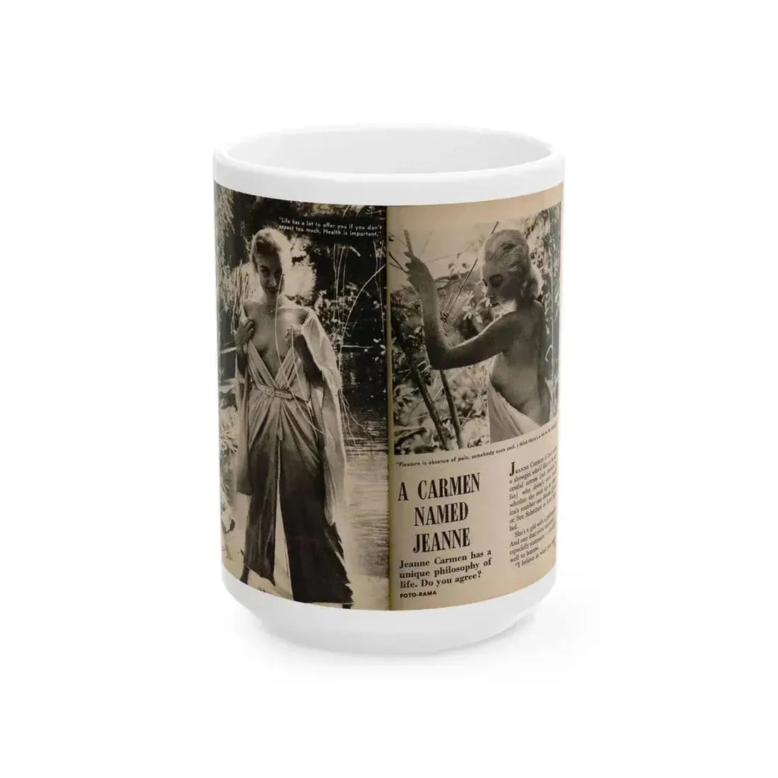 Jeanne Carmen #199 - Pages 22 & 23 Pages 1 & 2 of 8+2 B&W Photos, Captions & Short Article from Foto-rama Digest Mag. Sept. '58 (Vintage Female Icon) White Coffee Mug 15oz - Go Mug Yourself