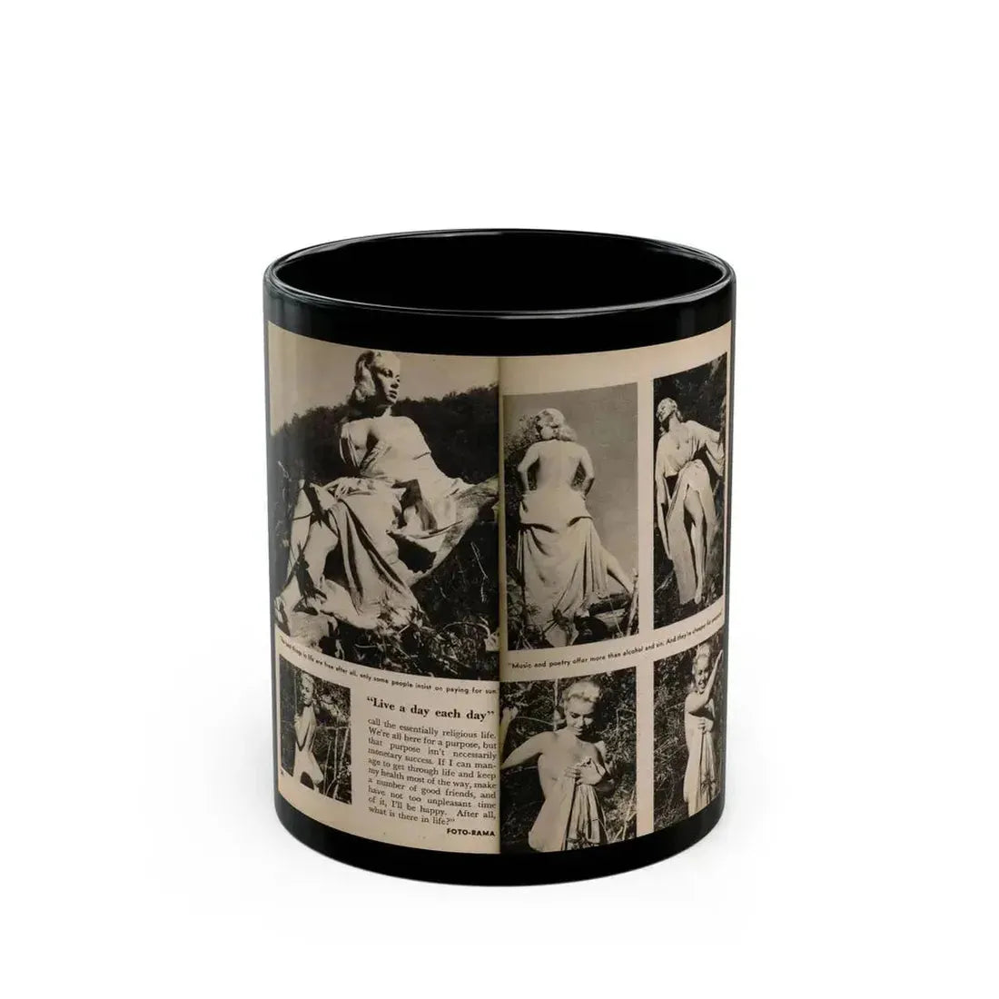 Jeanne Carmen #200 - Pages 24 & 25 Pages 3 & 4 of 8+6 B&W Photos, Captions & Short Article from Foto-rama Digest Mag. Sept. '58 (Vintage Female Icon) Black Coffee Mug 11oz - Go Mug Yourself