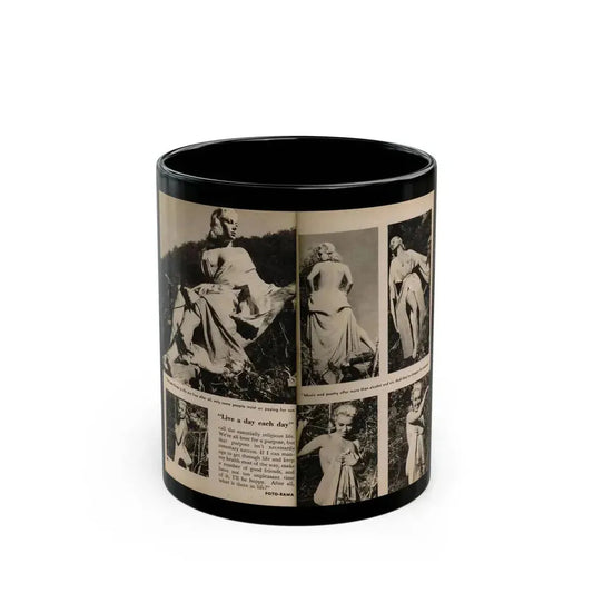 Jeanne Carmen #200 - Pages 24 & 25 Pages 3 & 4 of 8+6 B&W Photos, Captions & Short Article from Foto-rama Digest Mag. Sept. '58 (Vintage Female Icon) Black Coffee Mug 11oz - Go Mug Yourself