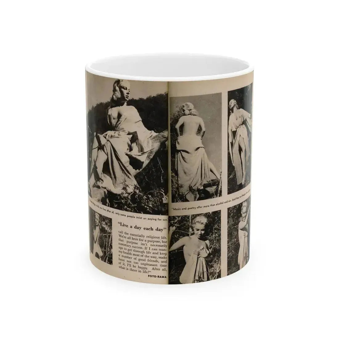 Jeanne Carmen #200 - Pages 24 & 25 Pages 3 & 4 of 8+6 B&W Photos, Captions & Short Article from Foto-rama Digest Mag. Sept. '58 (Vintage Female Icon) White Coffee Mug 11oz - Go Mug Yourself