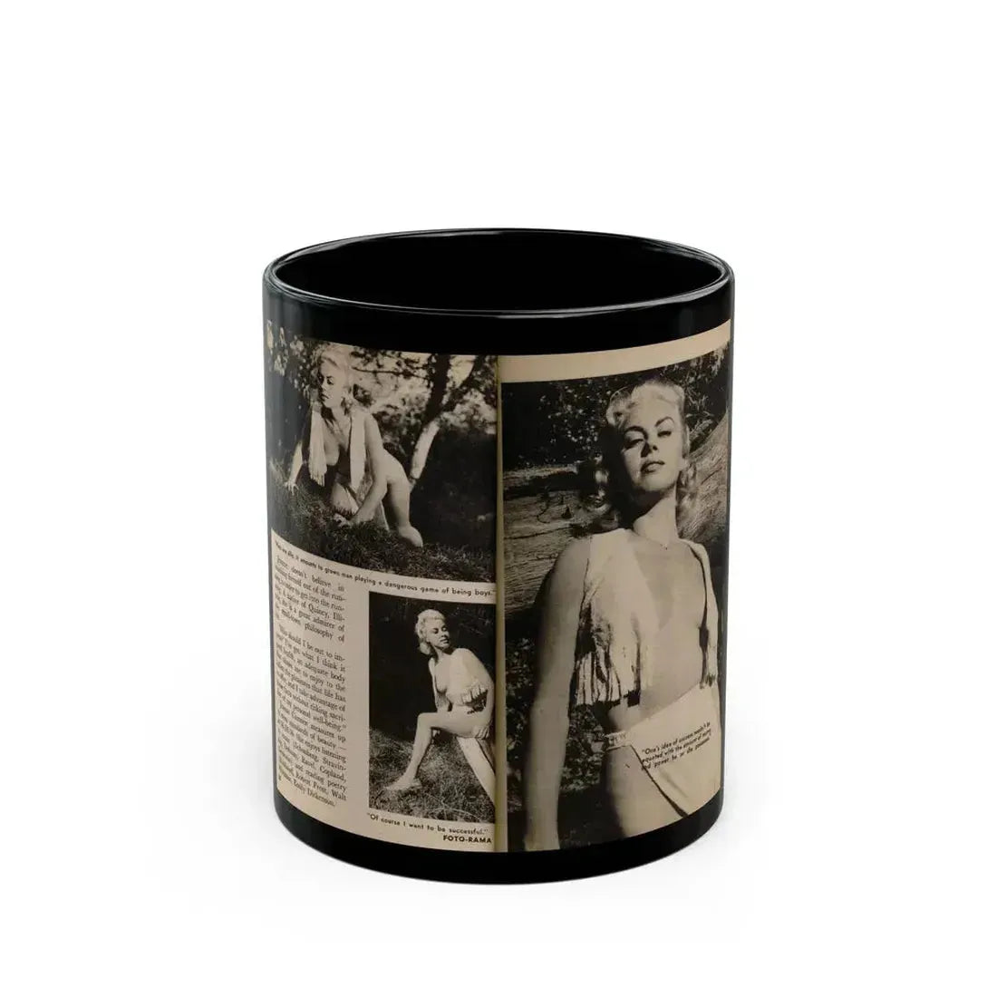 Jeanne Carmen #202 - Pages 28 & 29 Pages 7 & 8 of 8+3 B&W Photos, Captions & Short Article End from Foto-rama Digest Mag. Sept. '58 (Vintage Female Icon) Black Coffee Mug 11oz - Go Mug Yourself