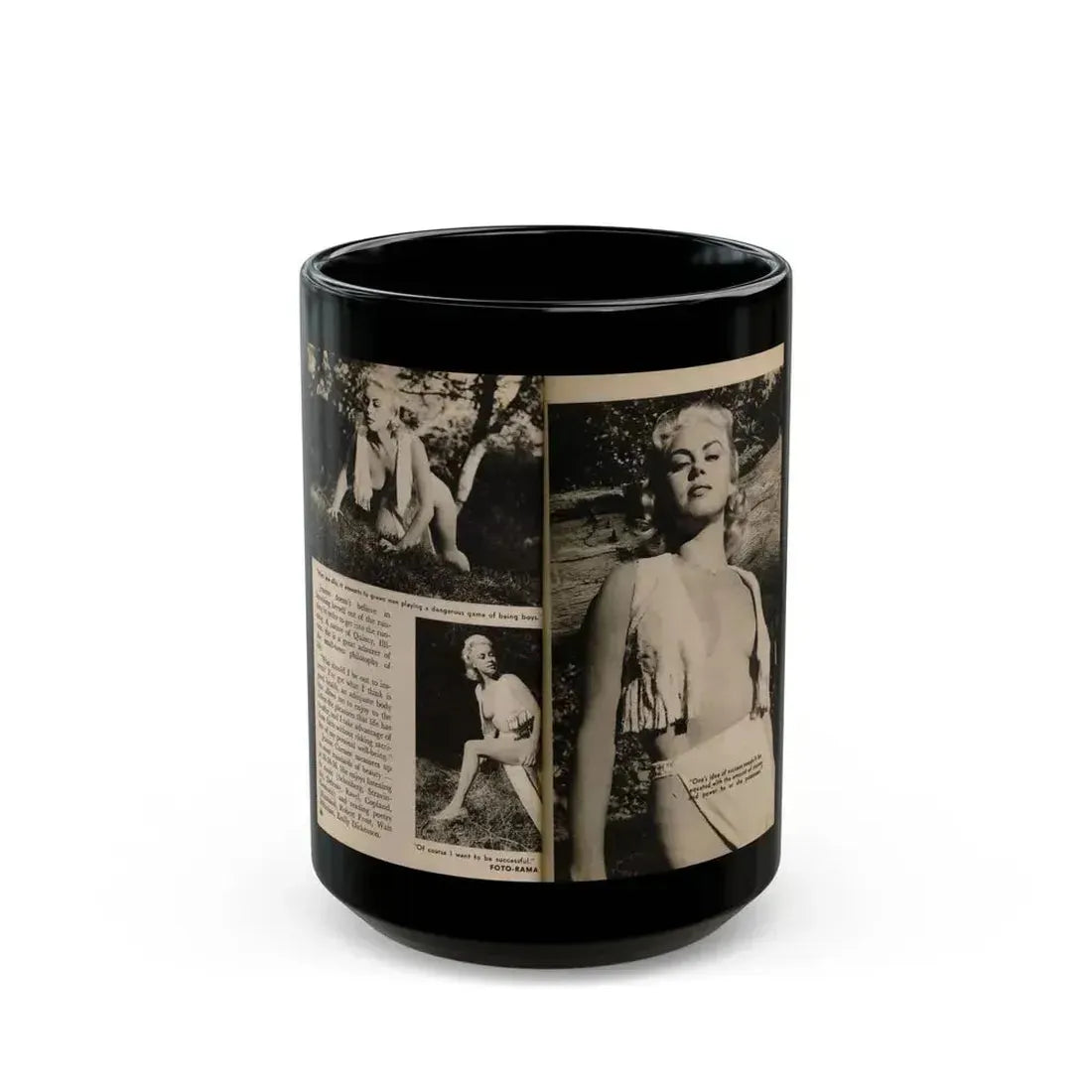 Jeanne Carmen #202 - Pages 28 & 29 Pages 7 & 8 of 8+3 B&W Photos, Captions & Short Article End from Foto-rama Digest Mag. Sept. '58 (Vintage Female Icon) Black Coffee Mug 15oz - Go Mug Yourself