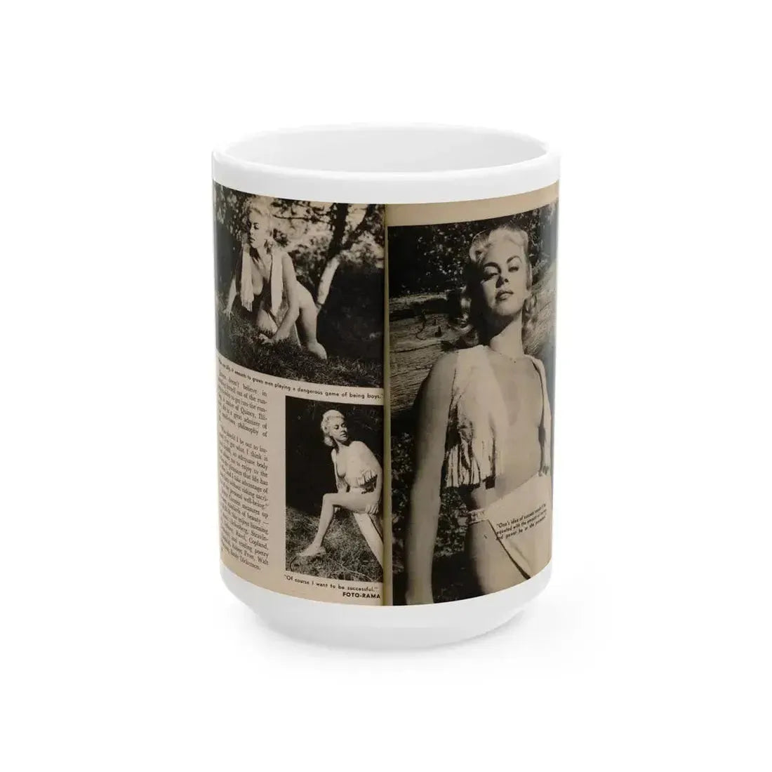 Jeanne Carmen #202 - Pages 28 & 29 Pages 7 & 8 of 8+3 B&W Photos, Captions & Short Article End from Foto-rama Digest Mag. Sept. '58 (Vintage Female Icon) White Coffee Mug 15oz - Go Mug Yourself