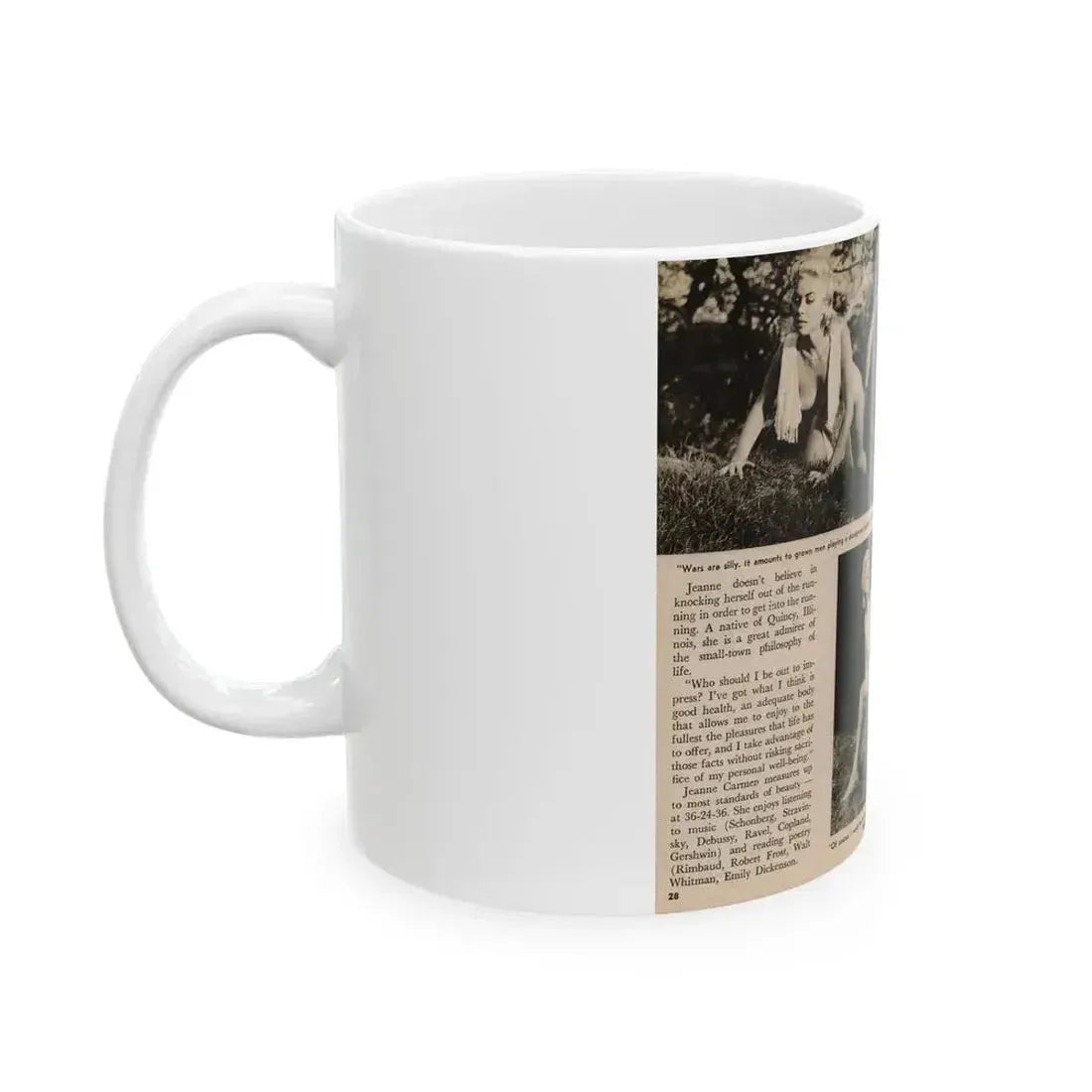 Jeanne Carmen #202 - Pages 28 & 29 Pages 7 & 8 of 8+3 B&W Photos, Captions & Short Article End from Foto-rama Digest Mag. Sept. '58 (Vintage Female Icon) White Coffee Mug - Go Mug Yourself