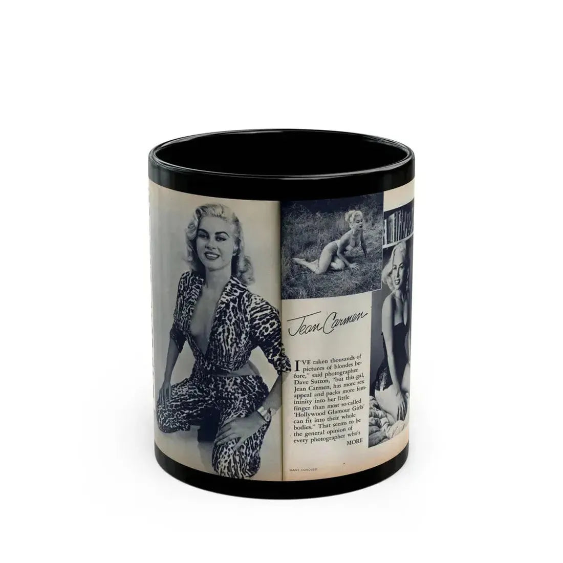 Jeanne Carmen #214 - Pages 38 & 39 Pages 1 & 2 of 6+3 B&W Photos & start of article from Man's Conquest Mag. October '60 (Vintage Female Icon) Black Coffee Mug 11oz - Go Mug Yourself