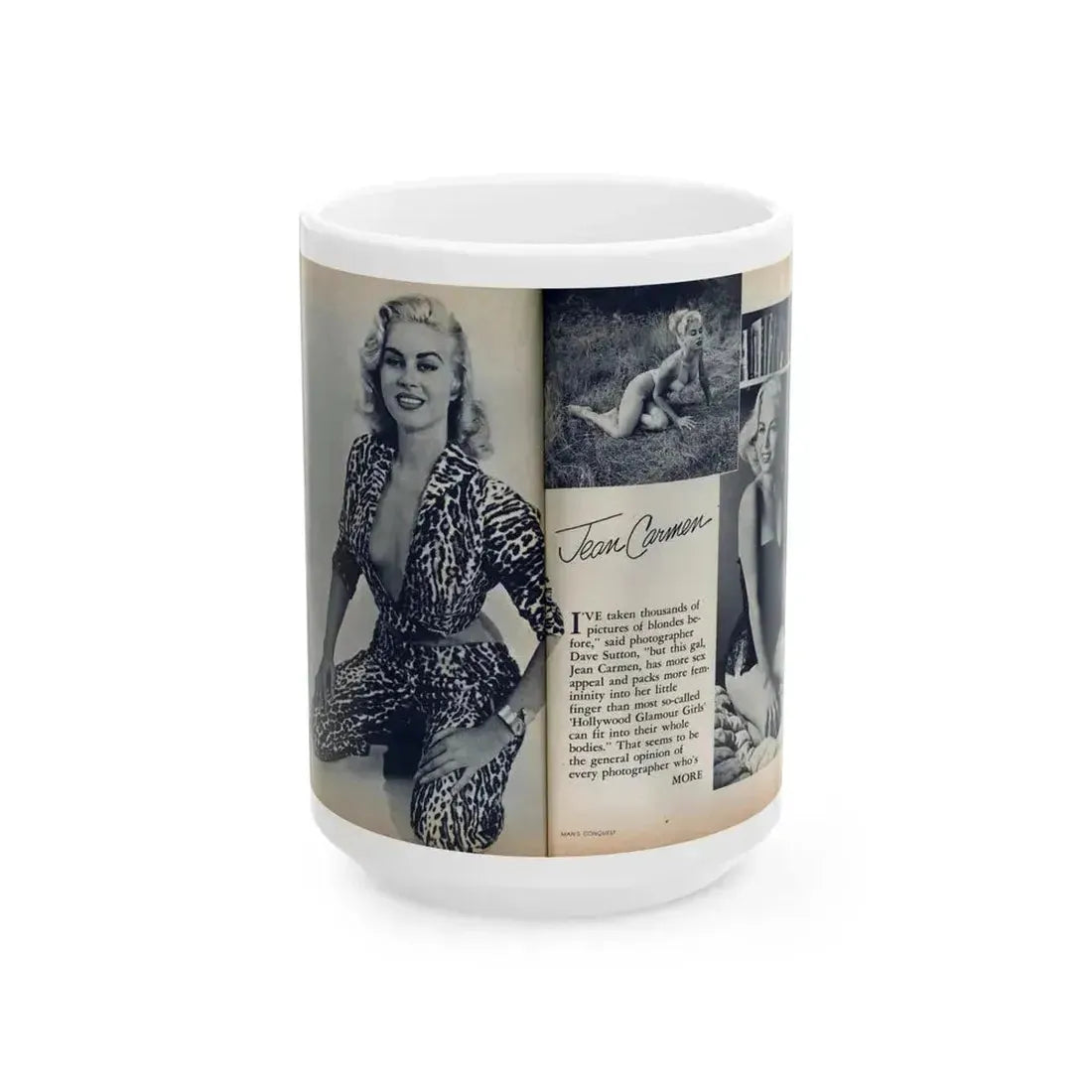 Jeanne Carmen #214 - Pages 38 & 39 Pages 1 & 2 of 6+3 B&W Photos & start of article from Man's Conquest Mag. October '60 (Vintage Female Icon) White Coffee Mug 15oz - Go Mug Yourself