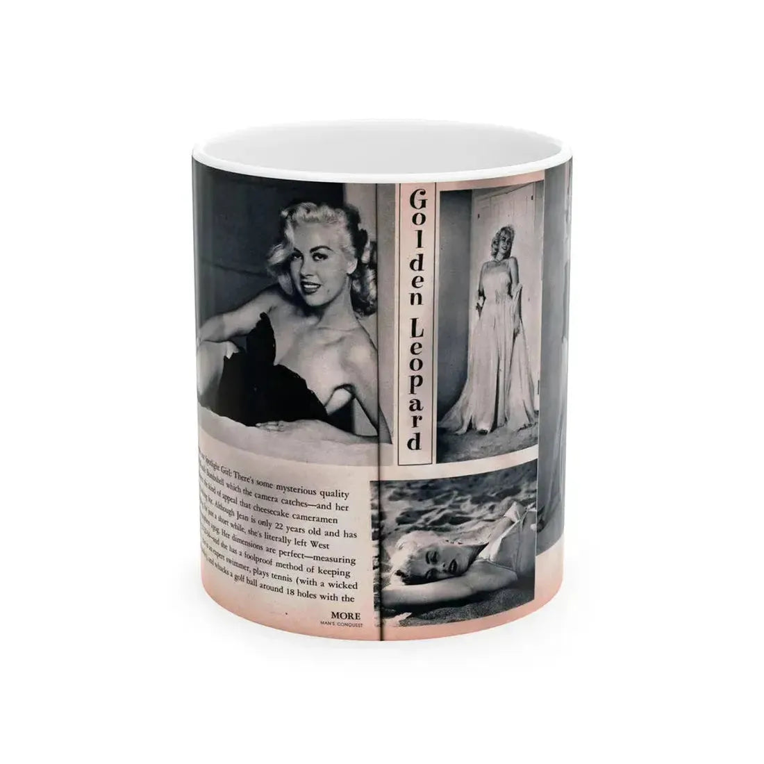 Jeanne Carmen #215 - Pages 40 & 41 Pages 3 & 4 of 6+4 B&W Photos & start of article from Man's Conquest Mag. October '60 (Vintage Female Icon) White Coffee Mug 11oz - Go Mug Yourself