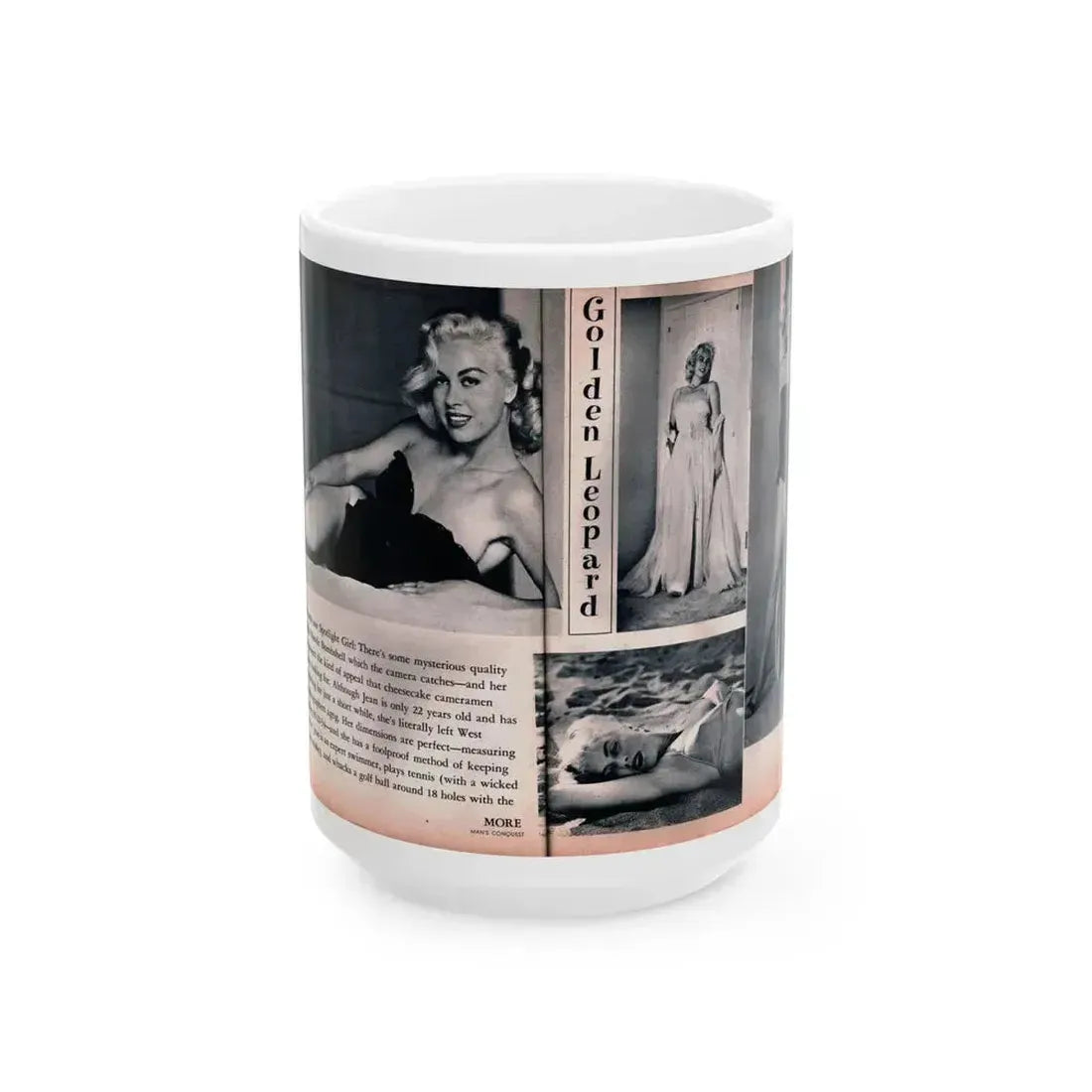 Jeanne Carmen #215 - Pages 40 & 41 Pages 3 & 4 of 6+4 B&W Photos & start of article from Man's Conquest Mag. October '60 (Vintage Female Icon) White Coffee Mug 15oz - Go Mug Yourself