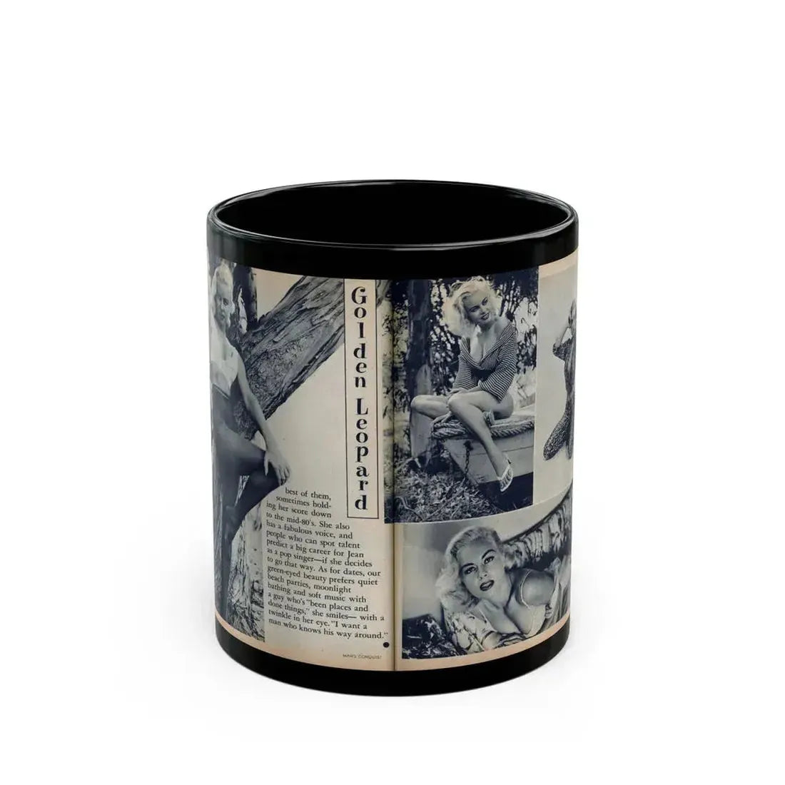 Jeanne Carmen #216 - Pages 42 & 43 Pages 5 & 6 of 6+4 B&W Photos & start of article from Man's Conquest Mag. October '60 (Vintage Female Icon) Black Coffee Mug 11oz - Go Mug Yourself