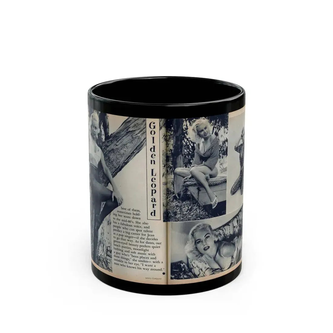 Jeanne Carmen #216 - Pages 42 & 43 Pages 5 & 6 of 6+4 B&W Photos & start of article from Man's Conquest Mag. October '60 (Vintage Female Icon) Black Coffee Mug 11oz - Go Mug Yourself