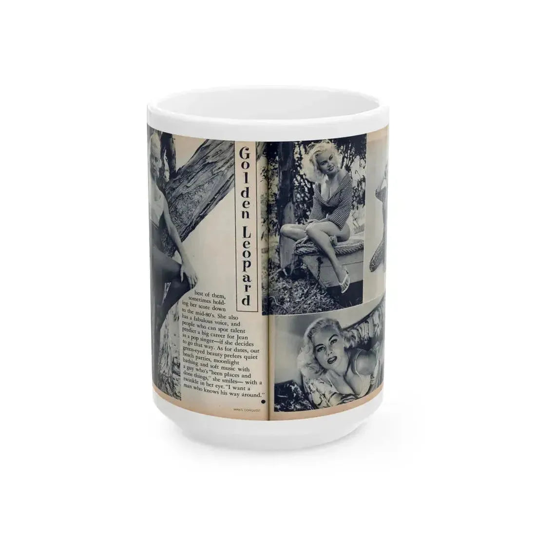 Jeanne Carmen #216 - Pages 42 & 43 Pages 5 & 6 of 6+4 B&W Photos & start of article from Man's Conquest Mag. October '60 (Vintage Female Icon) White Coffee Mug 15oz - Go Mug Yourself