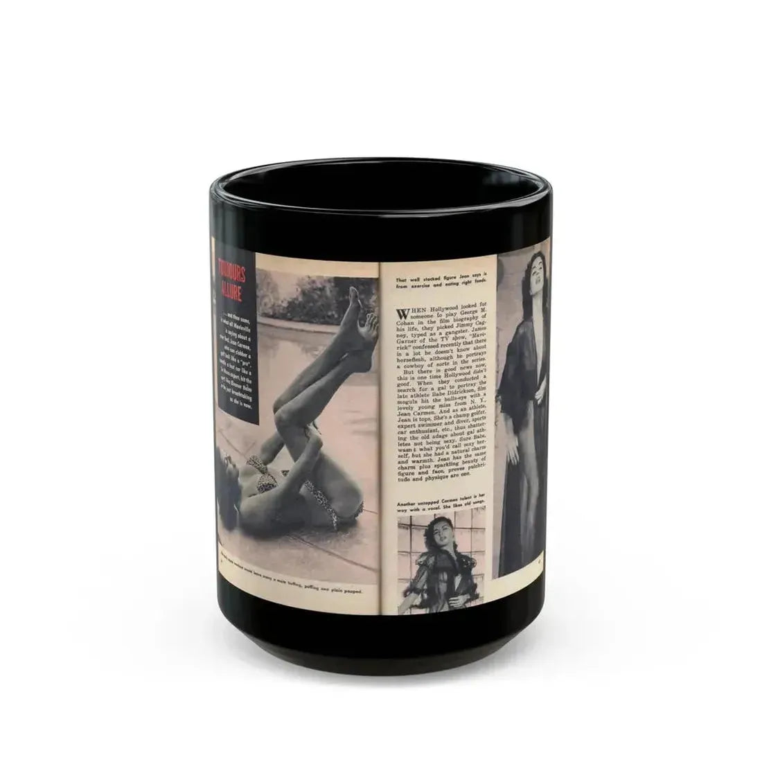 Jeanne Carmen #218 - Pages 64-65 Pages 1 & 2 of 4+3 B&W Photos, Captions & Article from VUE Digest Mag. Jan. '55 (Vintage Female Icon) Black Coffee Mug 15oz - Go Mug Yourself