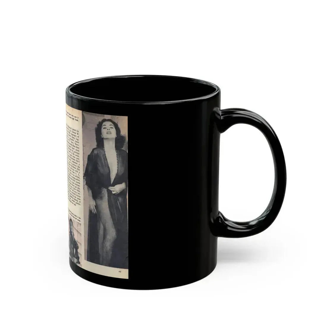 Jeanne Carmen #218 - Pages 64-65 Pages 1 & 2 of 4+3 B&W Photos, Captions & Article from VUE Digest Mag. Jan. '55 (Vintage Female Icon) Black Coffee Mug - Go Mug Yourself