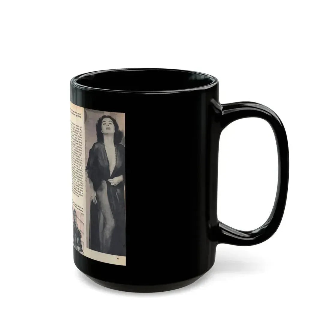 Jeanne Carmen #218 - Pages 64-65 Pages 1 & 2 of 4+3 B&W Photos, Captions & Article from VUE Digest Mag. Jan. '55 (Vintage Female Icon) Black Coffee Mug - Go Mug Yourself