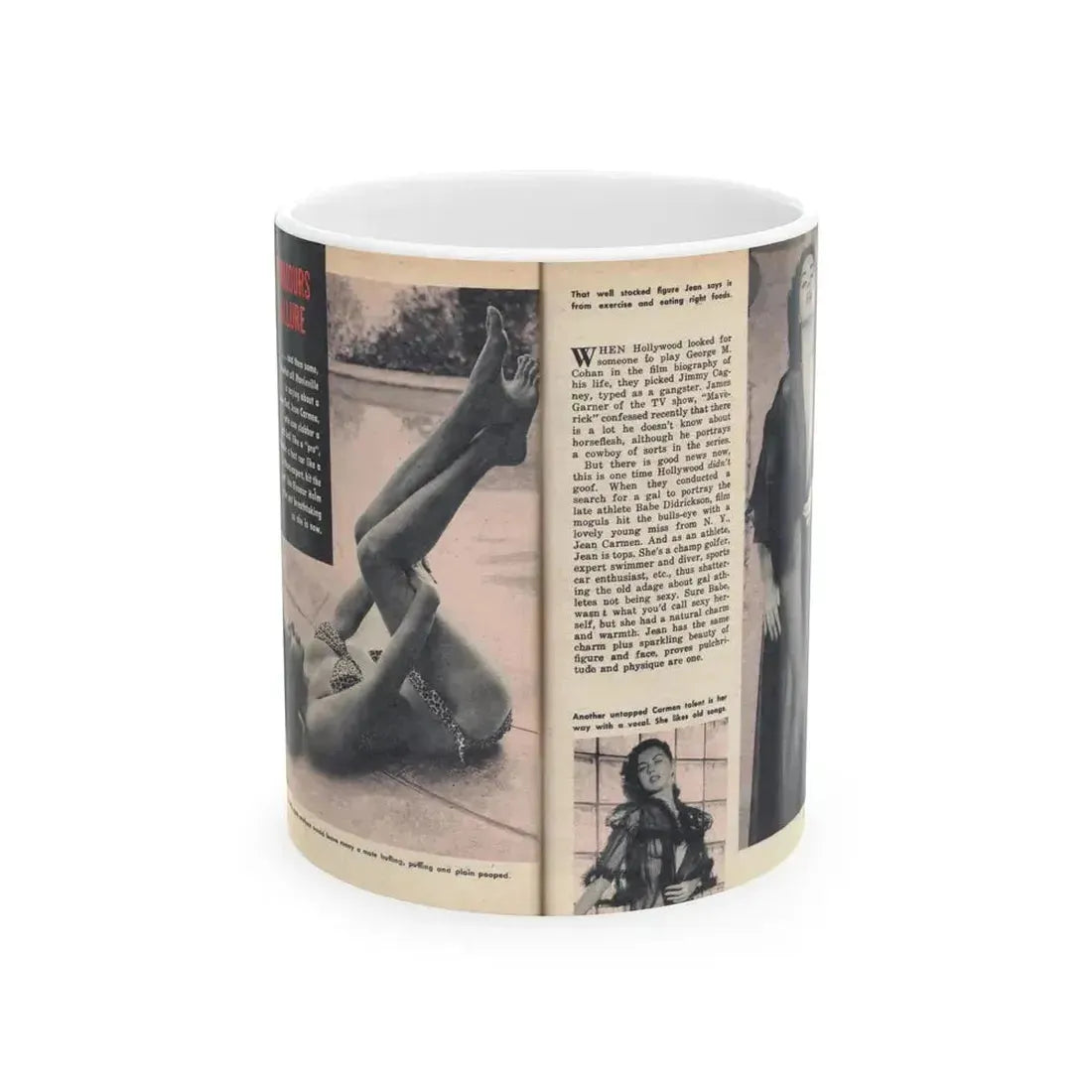 Jeanne Carmen #218 - Pages 64-65 Pages 1 & 2 of 4+3 B&W Photos, Captions & Article from VUE Digest Mag. Jan. '55 (Vintage Female Icon) White Coffee Mug 11oz - Go Mug Yourself
