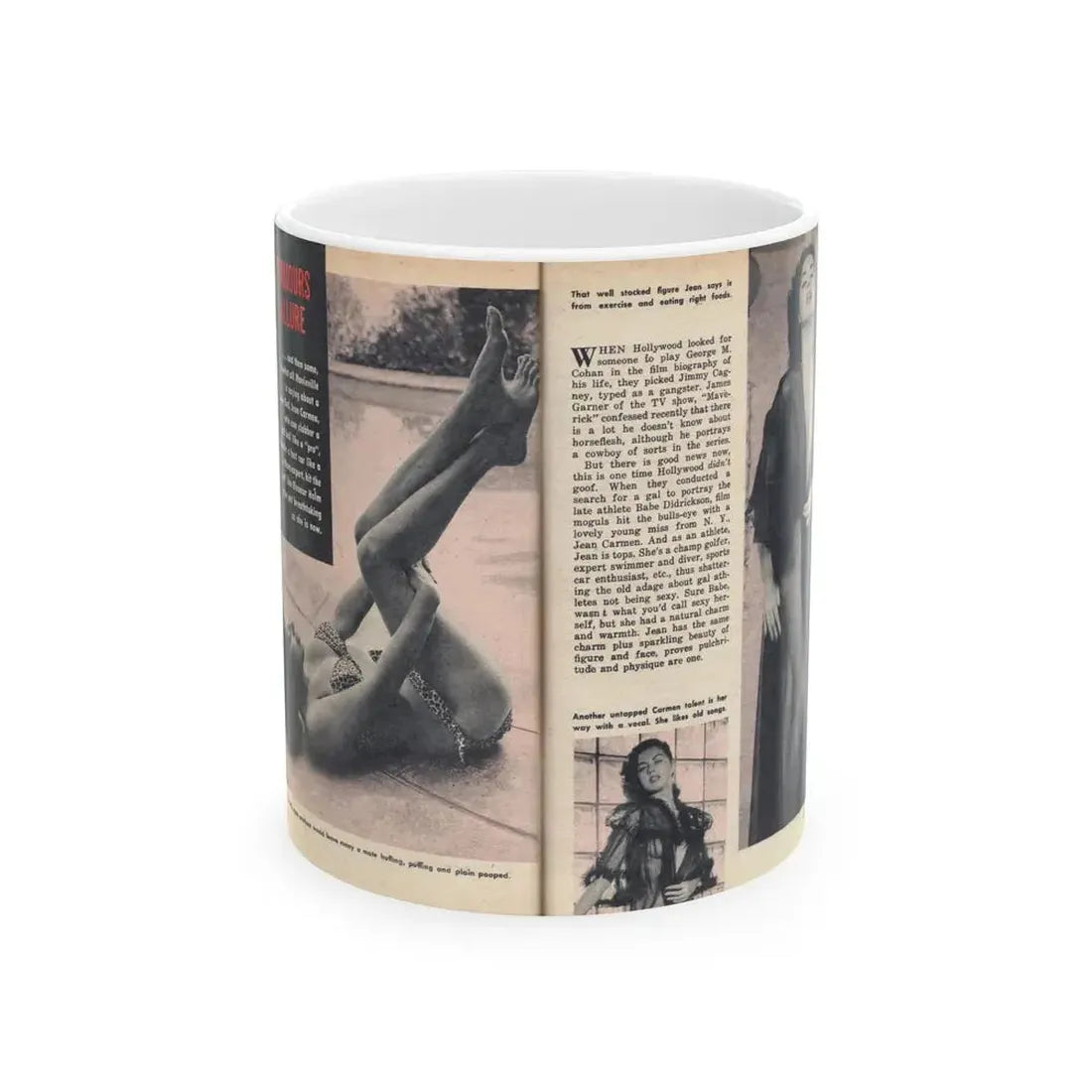 Jeanne Carmen #218 - Pages 64-65 Pages 1 & 2 of 4+3 B&W Photos, Captions & Article from VUE Digest Mag. Jan. '55 (Vintage Female Icon) White Coffee Mug 11oz - Go Mug Yourself