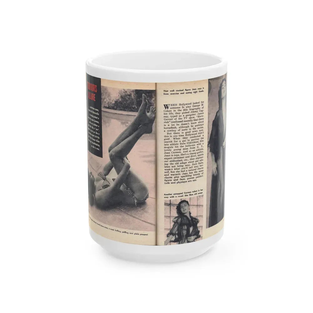 Jeanne Carmen #218 - Pages 64-65 Pages 1 & 2 of 4+3 B&W Photos, Captions & Article from VUE Digest Mag. Jan. '55 (Vintage Female Icon) White Coffee Mug 15oz - Go Mug Yourself