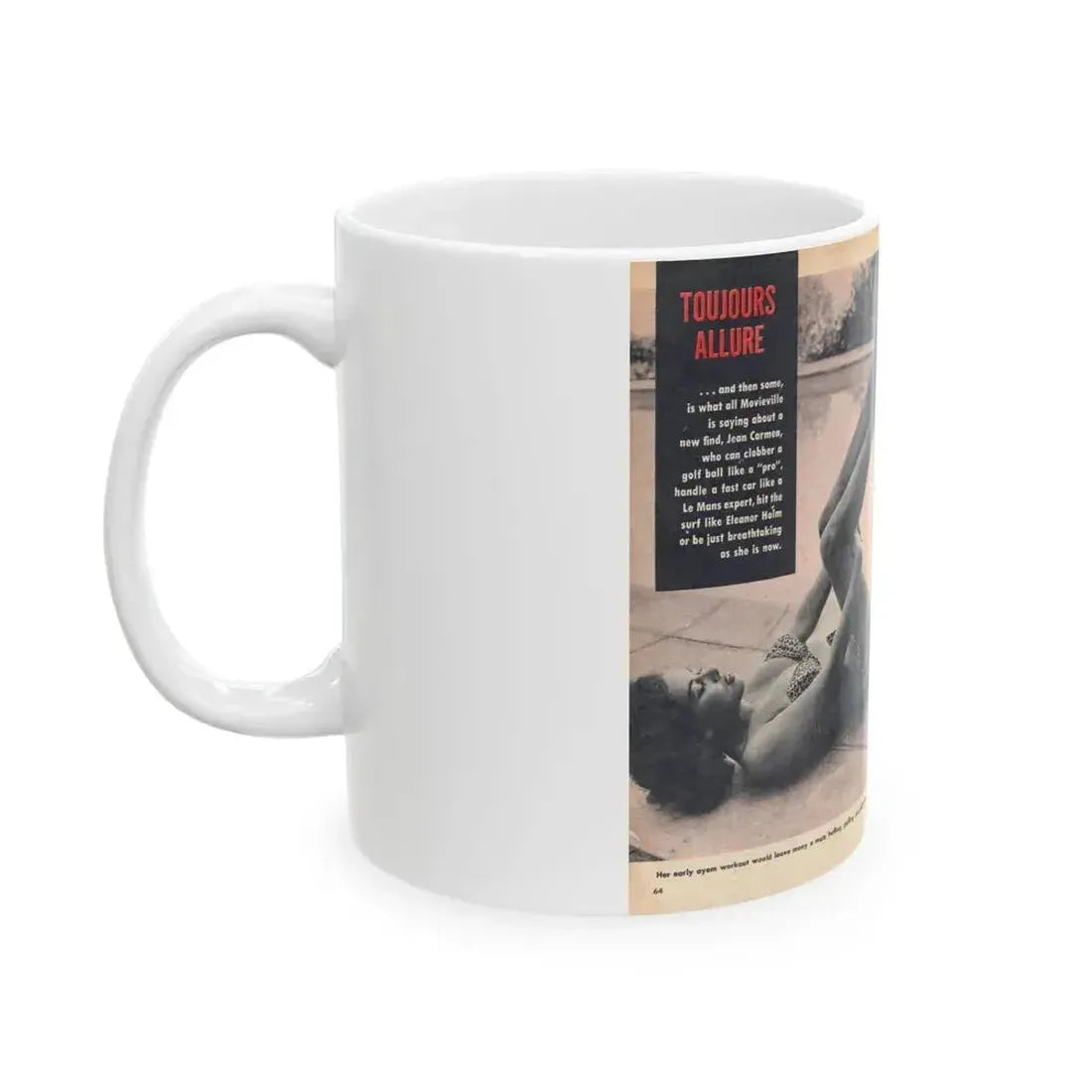 Jeanne Carmen #218 - Pages 64-65 Pages 1 & 2 of 4+3 B&W Photos, Captions & Article from VUE Digest Mag. Jan. '55 (Vintage Female Icon) White Coffee Mug - Go Mug Yourself