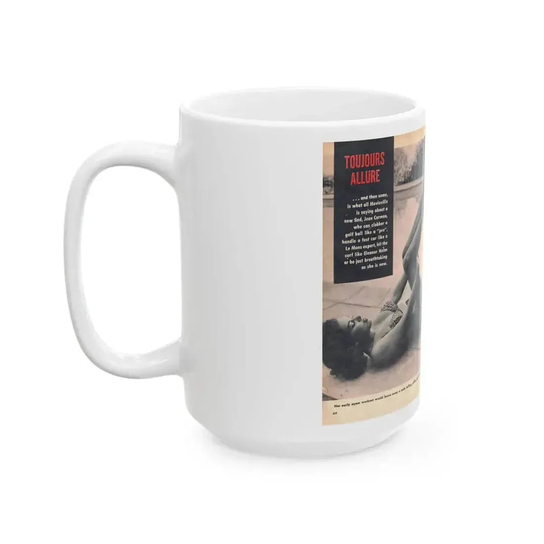 Jeanne Carmen #218 - Pages 64-65 Pages 1 & 2 of 4+3 B&W Photos, Captions & Article from VUE Digest Mag. Jan. '55 (Vintage Female Icon) White Coffee Mug - Go Mug Yourself