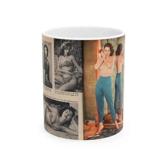 Jeanne Carmen #219 - Pages 66-67 Pages 3 & 4 of 4+3 B&W Photos+1 Full Page in Color+Captions from VUE Digest Mag. Jan. '55 (Vintage Female Icon) White Coffee Mug 11oz - Go Mug Yourself