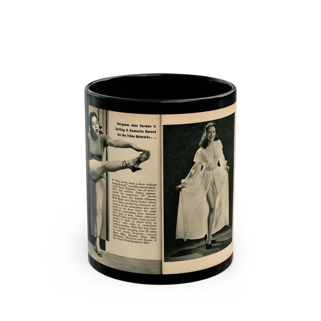 Jeanne Carmen #324 - Page 86 & 87 Pages 2 & 3 of 5 with 2 B&W Pin-Up Pics from PHOTO Digest Mag. Sept. '53 (Vintage Female Icon) Black Coffee Mug 11oz - Go Mug Yourself