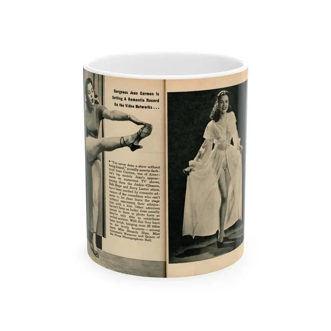 Jeanne Carmen #324 - Page 86 & 87 Pages 2 & 3 of 5 with 2 B&W Pin-Up Pics from PHOTO Digest Mag. Sept. '53 (Vintage Female Icon) White Coffee Mug 11oz - Go Mug Yourself