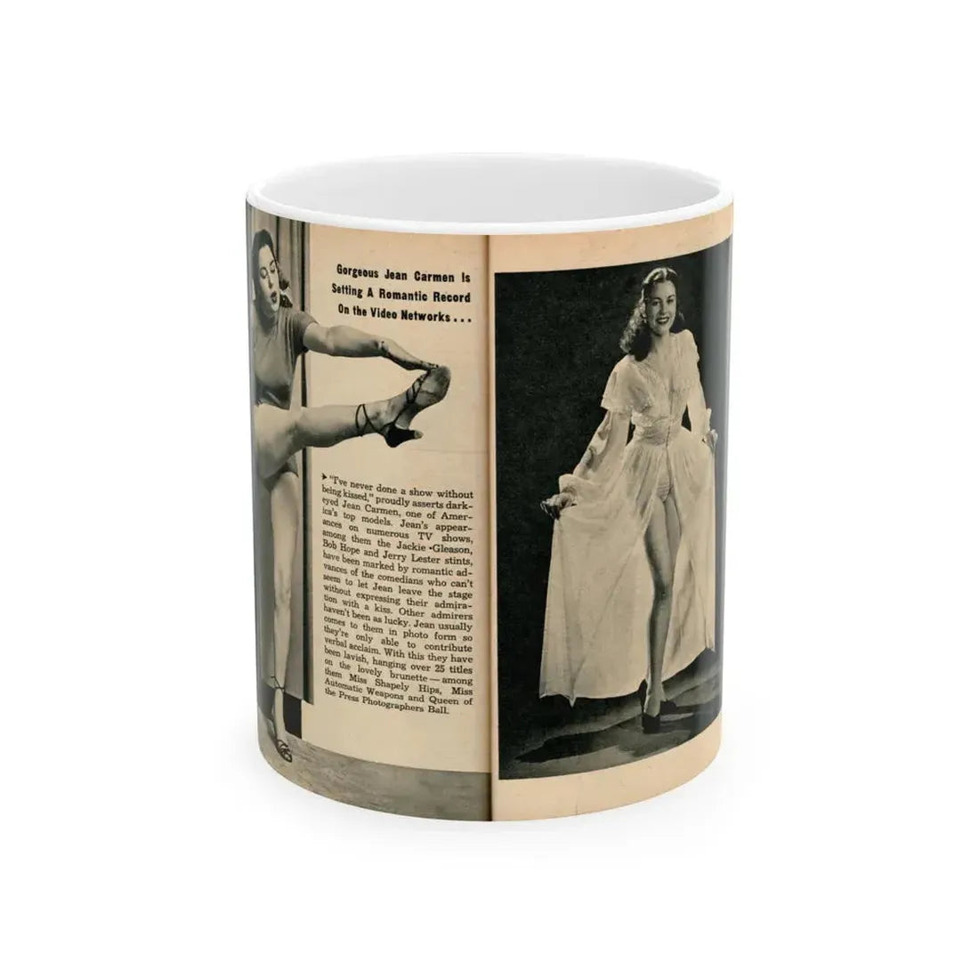 Jeanne Carmen #324 - Page 86 & 87 Pages 2 & 3 of 5 with 2 B&W Pin-Up Pics from PHOTO Digest Mag. Sept. '53 (Vintage Female Icon) White Coffee Mug 11oz - Go Mug Yourself