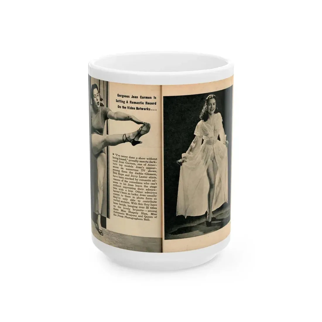 Jeanne Carmen #324 - Page 86 & 87 Pages 2 & 3 of 5 with 2 B&W Pin-Up Pics from PHOTO Digest Mag. Sept. '53 (Vintage Female Icon) White Coffee Mug 15oz - Go Mug Yourself