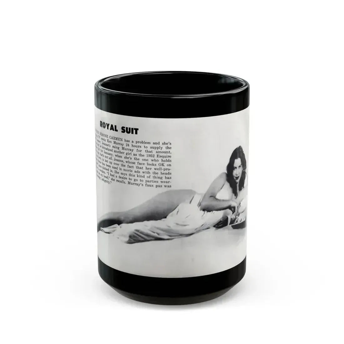 Jeanne Carmen #328 - Inside of Back Cover 1 Full Body no feet bummer Nude in Sheet B&W Glamour Cheesecake Pic from VUE Digest Mag. June '52 (Vintage Female Icon) Black Coffee Mug 15oz - Go Mug Yourself