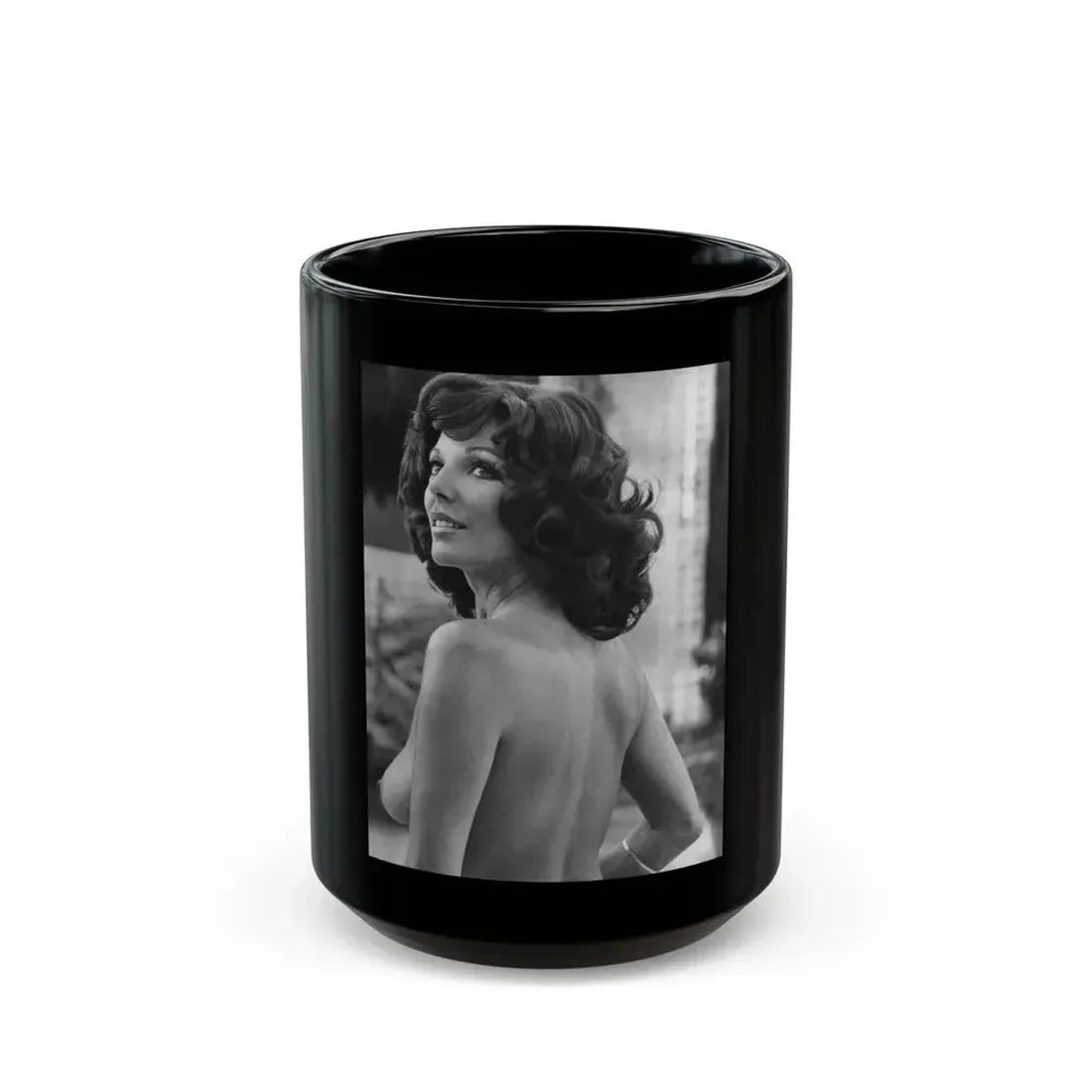 Joan Collins #435 - Topless (Vintage Female Icon) Black Coffee Mug 15oz - Go Mug Yourself