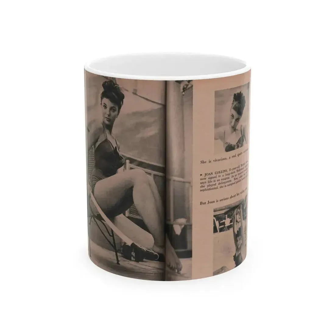 Joan Collins #551 - Photo Digest Mag. Jan. '56 - 3 B&W Photos, Captions & Short Paragraph (Vintage Female Icon) White Coffee Mug 11oz - Go Mug Yourself