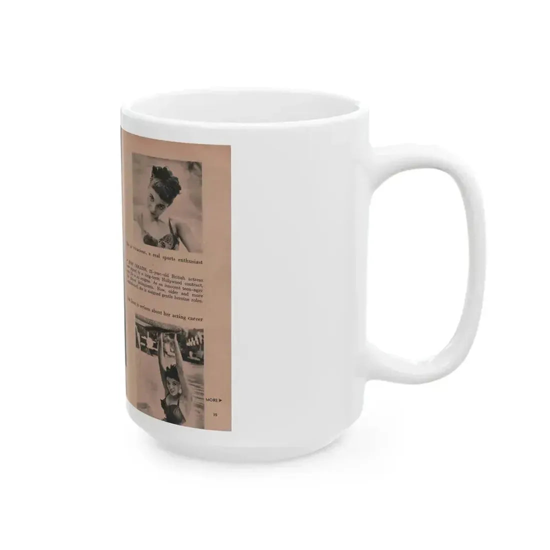 Joan Collins #551 - Photo Digest Mag. Jan. '56 - 3 B&W Photos, Captions & Short Paragraph (Vintage Female Icon) White Coffee Mug - Go Mug Yourself