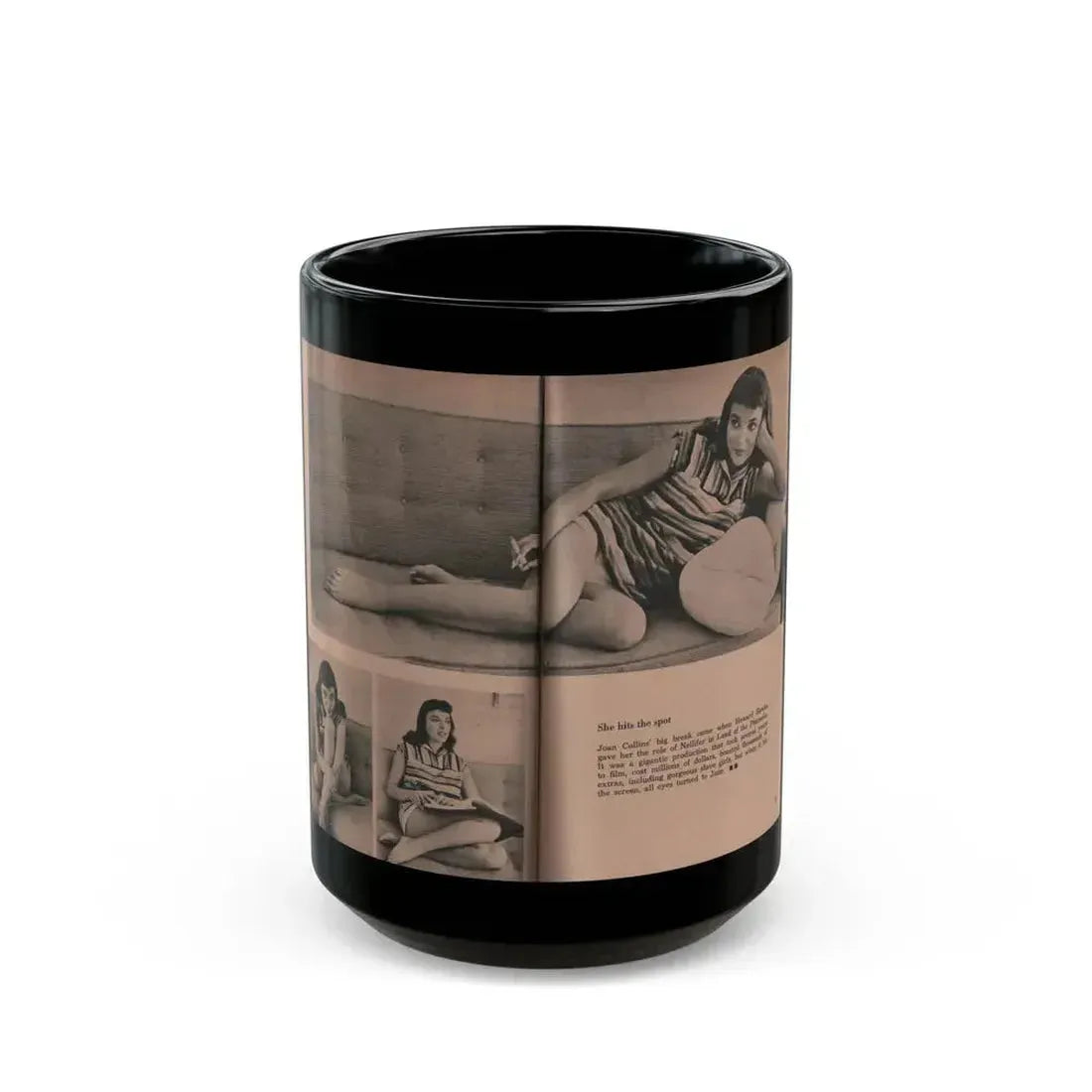 Joan Collins #552 - Photo Digest Mag. Jan. '56 - 3 B&W Photos (Vintage Female Icon) Black Coffee Mug 15oz - Go Mug Yourself