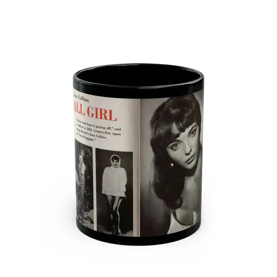 Joan Collins #685 - 2 Pages, 3 B&W Photos & Captions from Picture Week 3-27-56 (Vintage Female Icon) Black Coffee Mug 11oz - Go Mug Yourself