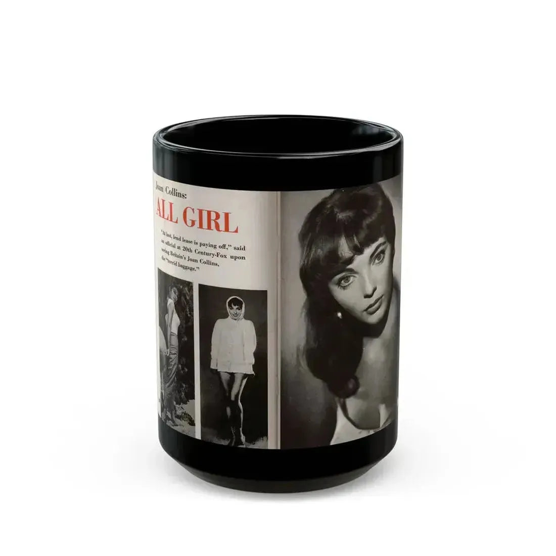 Joan Collins #685 - 2 Pages, 3 B&W Photos & Captions from Picture Week 3-27-56 (Vintage Female Icon) Black Coffee Mug 15oz - Go Mug Yourself