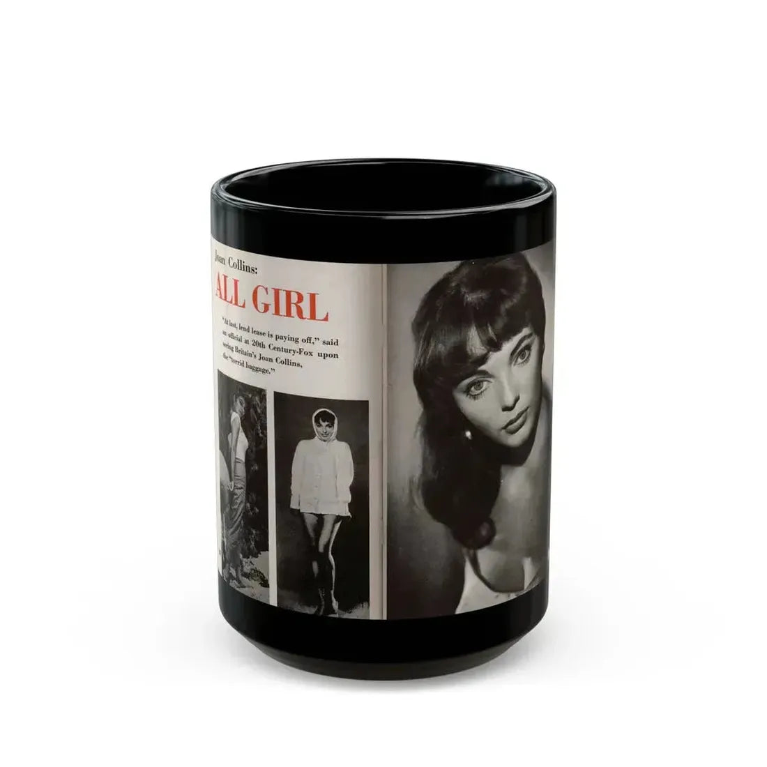Joan Collins #685 - 2 Pages, 3 B&W Photos & Captions from Picture Week 3-27-56 (Vintage Female Icon) Black Coffee Mug 15oz - Go Mug Yourself