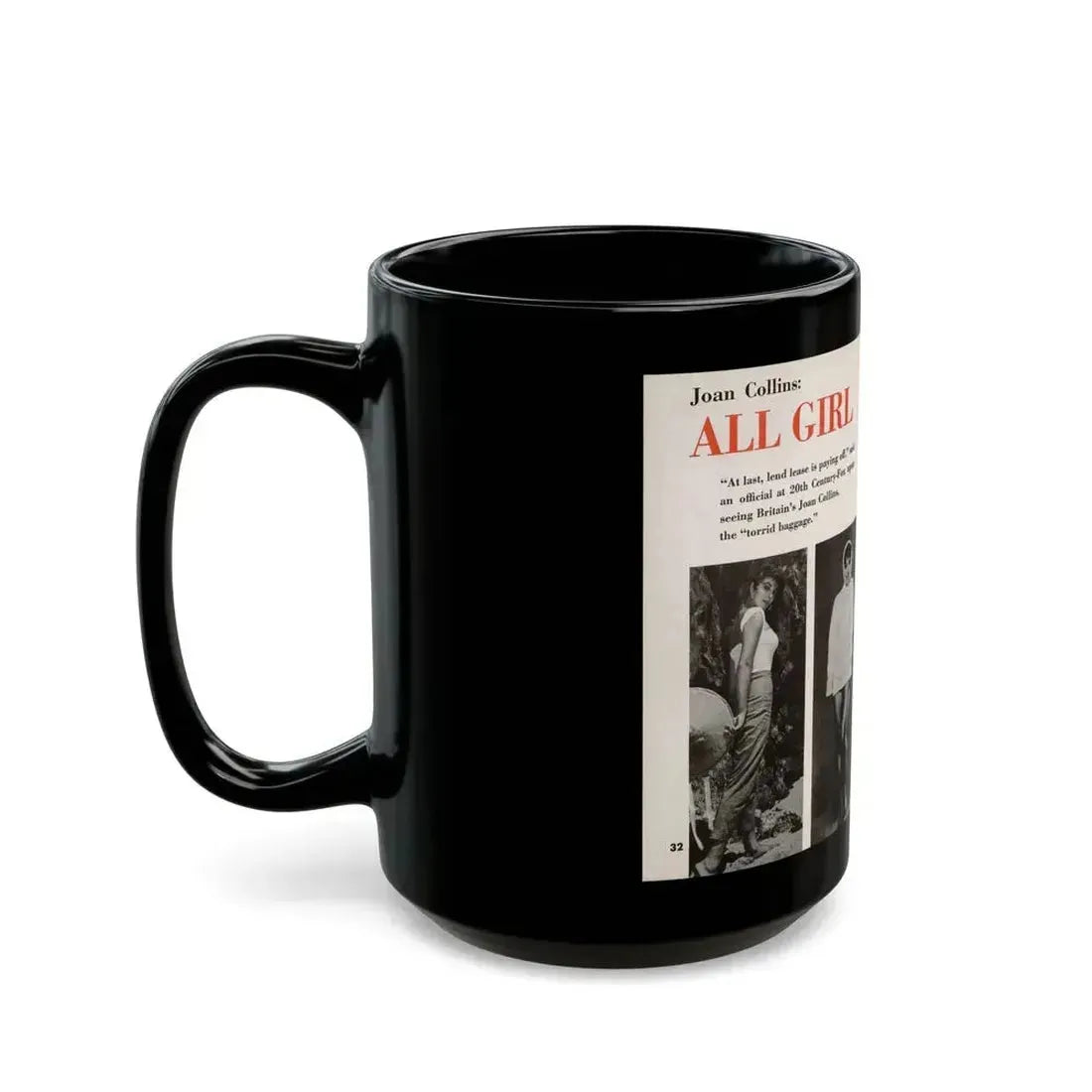 Joan Collins #685 - 2 Pages, 3 B&W Photos & Captions from Picture Week 3-27-56 (Vintage Female Icon) Black Coffee Mug - Go Mug Yourself